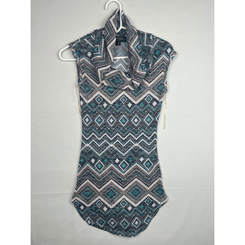 Almost Famous Sleeveless Cowl Neck Top Geometric Chevron Knit Blue Small